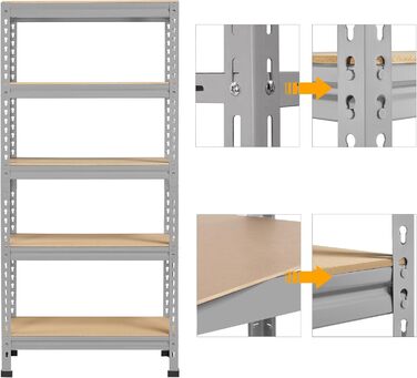 Кутовий стелаж Yaheetech з 5 полицями, металеві стелажі для зберігання, надміцний стелаж, вантажопідйомність 750 кг, підвальний стелаж, безболтовий стелаж, система стелажів, 70 x 30 x 150 см/світло-сірий