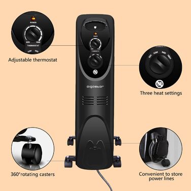 Масляний радіатор Aigostar потужністю 2500 Вт з 13 ребрами, мобільний електричний обігрівач, енергозберігаючий, портативний масляний обігрівач, 3 режими нагріву, термостат, захист від перекидання та перегріву, чорний