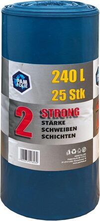 Надзвичайно міцні сміттєві мішки об&39ємом 240 л - 25 шт. - Великі, товсті сміттєві мішки - 100x125 см - Двошарові - Чорно-сині сміттєві мішки - Мішки для будівельних відходів - Універсальні будівельні мішки для відходів