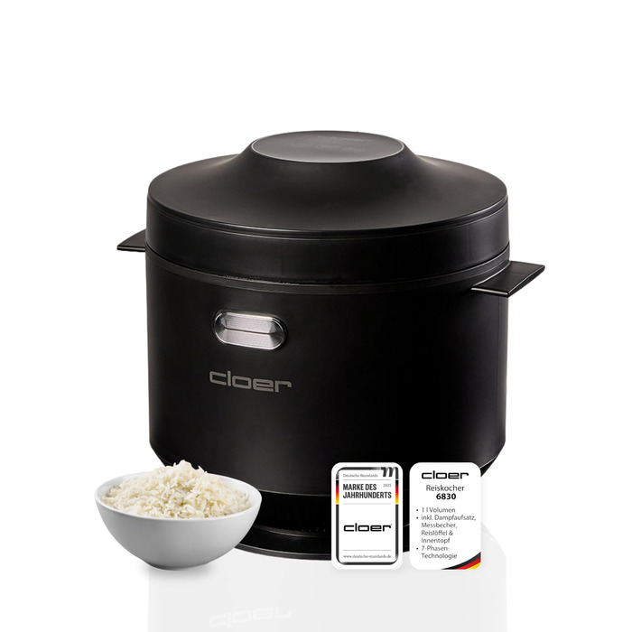 Рисоварка Cloer 6830, 1 л, з насадкою для приготування на парі та чашею, що миється в посудомийній машині, 7-етапна технологія, підігрів до 24 год, звуковий сигнал та індикатор рівня води, 350 Вт, чорна