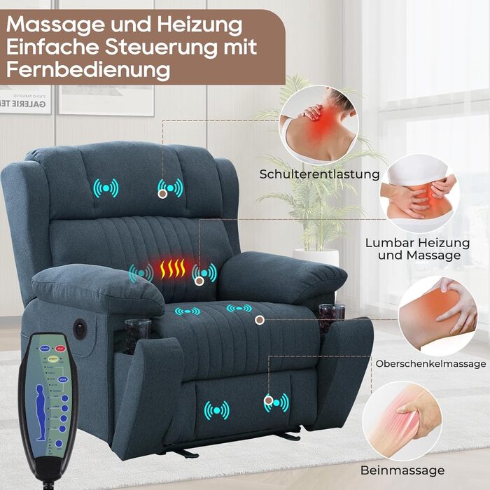 Електрично регульоване крісло для телевізора, крісло-реклайнер з функцією лежання, крісло для телевізора з функцією масажу та підігріву, приховані підстаканники, порти типу C та USB, до 160 кг (синій)