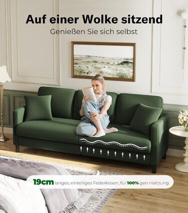 Місний диван 211 см, Зручні 3-місні дивани, Диван-канапа з флісу Тедді, Дивани для вітальні, що збираються без інструментів, 3-місний диван з масиву дерева, Невеликий диван з 2 подушками в комплекті, Зелений 211 см, 3-