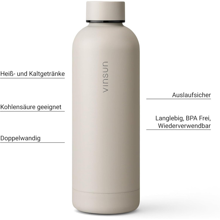 Пляшка для води Vinsun з нержавіючої сталі, бежева, 500 мл - герметична, підходить для газованих напоїв, без BPA - з подвійною стінкою, ізольована - термопляшка для спорту, активного відпочинку, школи, університету, спортзалу, кемпінгу, 500 мл бежевого ко