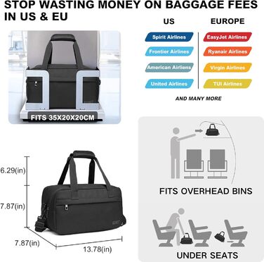 Ручна поклажа Kono Ryanair 40x25x20, легка підсидільна сумка об&39ємом 20 л з тканини Оксфорд, дорожня сумка з плечовим ременем та кріпленням на візку для чоловіків та жінок, чорна, M Чорний M (40 см x 25 см x 20 см) - 20 л