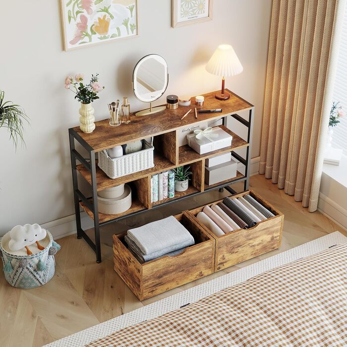 Книжкова полиця Dripex з 2 шухлядами, книжкова шафа з 7 відділеннями з дерева та металевого каркасу, окремостояча кубічна полиця для спальні, вітальні, кабінету, офісу, 33 x 100 x 90 см, промисловий дизайн, ретро