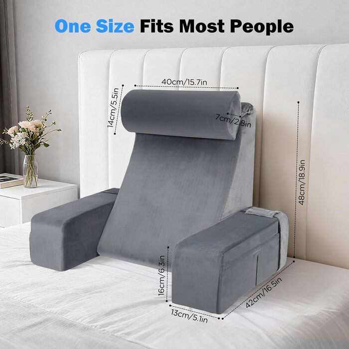 Ергономічна подушка для читання зі знімним підголівником та підлокітниками, з підтримкою спинки для ліжка, дивана, підлоги, регульована для читання, роботи та відпочинку, сіра