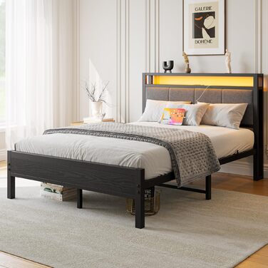 Ліжко 120x200 см, каркас ліжка із зарядною станцією, міцне металеве ліжко з дерев&39яним узголів&39ям для зберігання та тканиною, гостьове ліжко, двоспальне/односпальне ліжко, каркас ліжка для гостьової кімнати, металеве з рейковою основою, чорне, 120 x 2