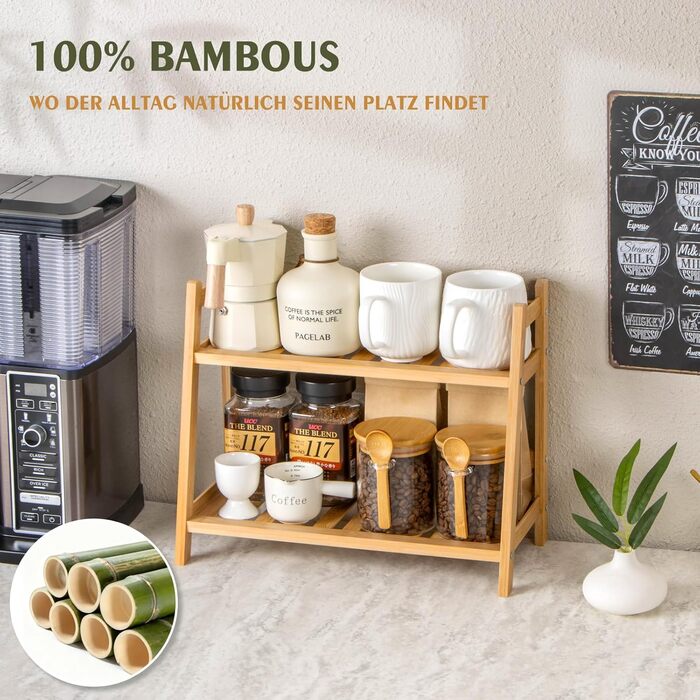 Бамбуковий кухонний органайзер, 2-рівнева полиця для чашок та спецій, підходить для зберігання аксесуарів для матчі та кави на кухні, вдома та в офісі