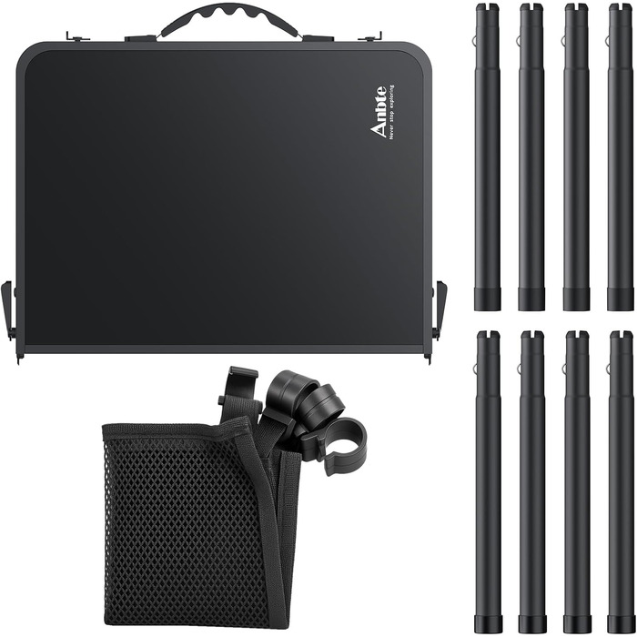 Складаний кемпінговий стіл Anbte 60x40 см, алюмінієва рама, 3 регульовані по висоті 26/48/70 см, стіл-валіза з сіткою для зберігання, портативний стіл для пікніка для кемпінгу, пляжу, балкону (повністю чорний)