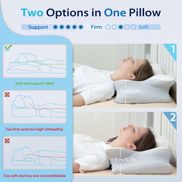 Подушка для шиї HOMCA, ергономічна подушка з піни з ефектом пам&39яті, 3D охолоджувальна наволочка для сну на спині, боці або животі, 62 x 41 x 11/13 см сірого кольору