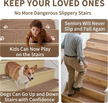 Сходинки для внутрішніх сходів, нековзні з гумовою основою, без залишків, підходять для дітей, людей похилого віку та домашніх тварин, можна прати в пральній машині, 20,3 x 76,2 см, коричневі