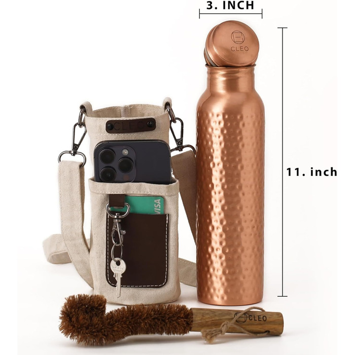 Пляшка для води CLEO HOME (950 мл/32 унції) ручної роботи, кувана, зі 100 аюрведичної міді, зі щіткою для чищення та лляним чохлом Перевірена в лабораторії, герметична пляшка, класична