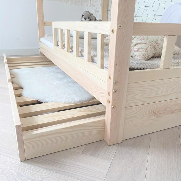 Ліжко-будиночок 90x160 із захистом від падіння, натуральне дерево - Bell Nuo - дитяче ліжко з ящиком для зберігання - дитяче ліжко з рейковою основою - міцне ліжко із захистом від падіння для дитячої кімнати