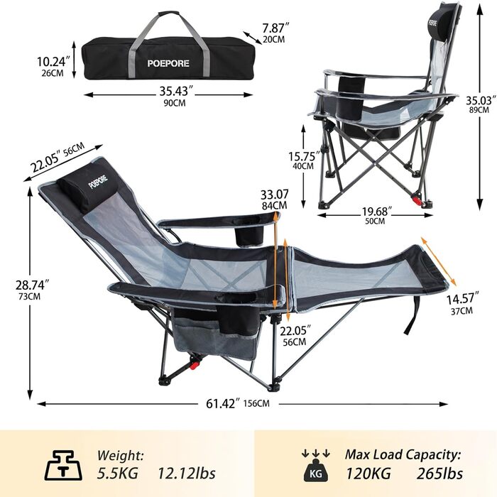 Складаний кемпінговий стілець з підставкою для ніг, пляжний стілець з регулюванням у 4 напрямках, шезлонг, рибальський стілець, кемпінгові стільці для дорослих з ватною подушкою, тримач для напоїв, кишені для підлокітників, чорний, 2 шт.