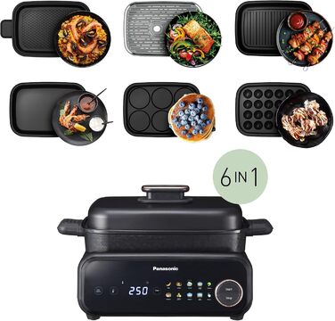 Мультипіч-гриль Panasonic NF-GM600 6-в-1 електрогриль, планча, тушкування, slow cook, BBQ та пароварка, 1400 Вт, 40250 C, 9 авторежимів, 6 антипригарних панелей, система відведення диму, 6 аксесуарів