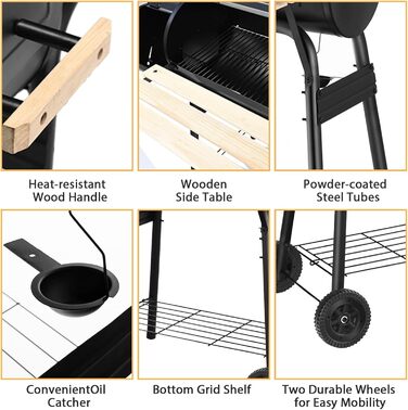 Гриль-коптильня вугільний KOMFOTTEU з димарем, 2-в-1, з термометром та колесами. Сталевий гриль-коптильник з бічним столиком та нижньою полицею, мобільний гриль-візок для пікніків, BBQ, 115x65x108 см
