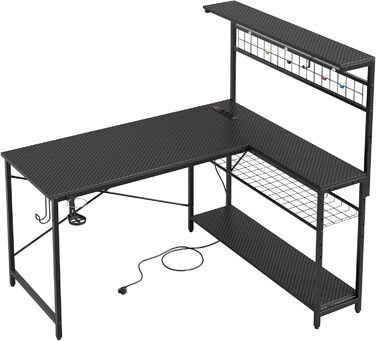 Геймерський стіл Bestier 130 см L-подібний, двосторонній кутовий стіл з розетками, світлодіодним підсвічуванням, 4 полицями, гачками та підставкою для чашок, ідеально підходить для домашнього офісу та ігор, 130 см з вуглецевого волокна, чорний