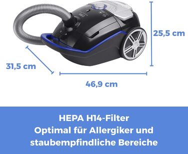 Пилосос з мішком Fakir Blue Vac Power TS 721, 800 Вт, з кабелем, HEPA H14 фільтр, тихою високоефективною мотором 69 дБ(А), містком для пилу 3 л та радіусом дії 12 м, чорний/синій