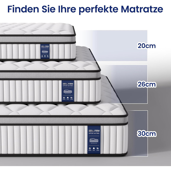 Матрац BedStory 90x200 см, пружинний матрац Pocket Spring, висота 31 см, ортопедичний матрац з комфортною піною, рівні жорсткості H3 та H4, пружинний матрац для дорослих, сертифікований ko-Tex та CertiPUR, 90x200 см, 31 см