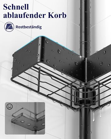 Кутова полиця для душу Kitsure з телескопічною стійкою, регульована по висоті, металеві кошики, монтаж без свердління, висота 87-290 см, ширина 24.6 см, чорний колір (24.6 x 24.6 x 290 см)