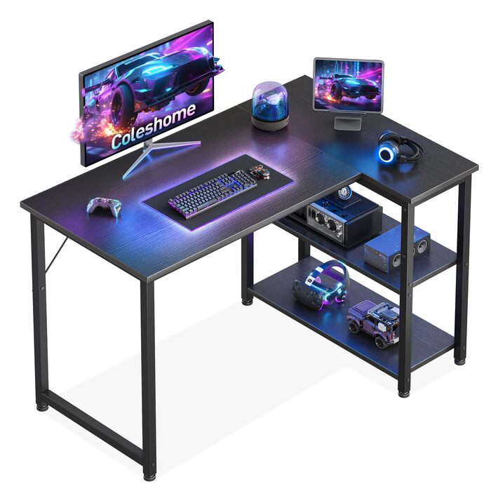 Ігровий стіл Coleshome, кутовий стіл 100x70 см з двосторонньою полицею для зберігання, компактний L-подібний стіл, підходить для ігрових столів у сімейних куточках, чорний 100x70 см