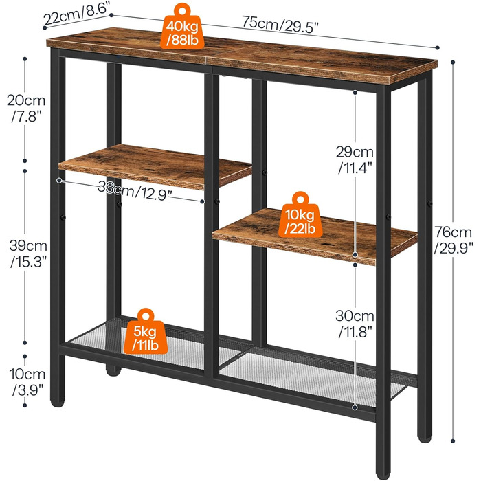 Вузький консольний столик HOOBRO, бічний столик 75 см, столик для передпокою, невеликий столик для демонстрації, диван-столик для невеликих приміщень, для входу, передпокою, вінтажний коричнево-чорний EBF79XG01 Вінтажний коричневийчорний