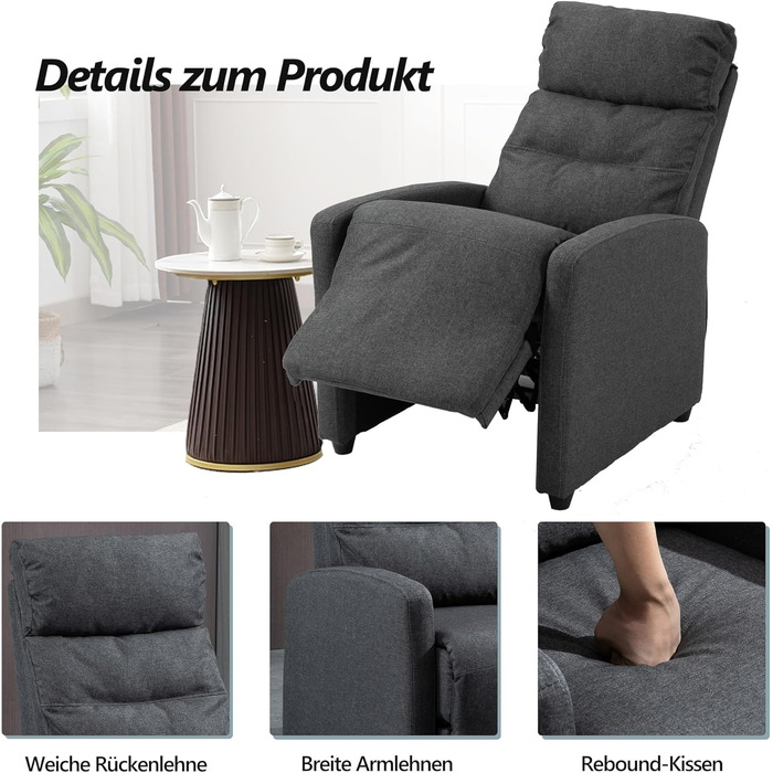 Крісло-реклайнер Mingone з функцією відкидання, сучасне тонке крісло-гойдалку з функцією відкидання на 155, витримує вагу до 150 кг, виготовлене з лляної тканини, темно-сірий колір