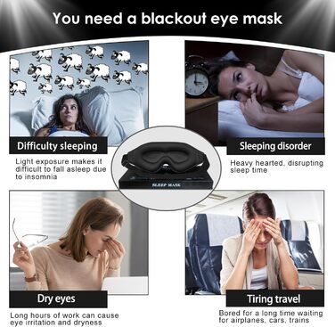 Маска для сну, маска для сну, маска для сну для чоловіків і жінок, обтяжена маска для сну, обтяжена маска для сну, чорна, 3D