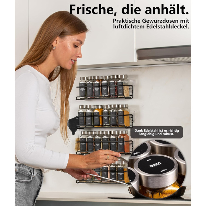 Настінна підставка для спецій Deco haus (свердління не потрібне) З 24 БАНКАМИ ДЛЯ СПЕЦІЙ ТА ЕТИКЕТКАМИ - Підвісна підставка для спецій, комплект з 4 шт. - Чорний тримач для спецій (свердління не потрібне) - Органайзер для спецій - Кришки з нержавіючої ста