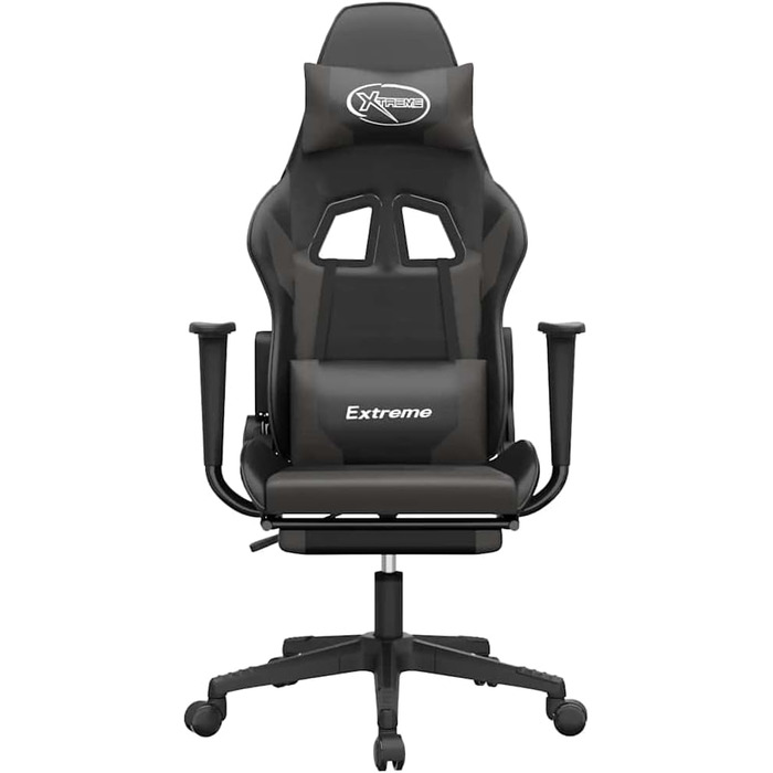 Геймерське крісло з функцією масажу та підставкою для ніг чорно-сірого кольору, виготовлене з міцної синтетичної шкіри, регульованою спинкою, висотою та поворотом на 360 градусів для ергономічного відпочинку, 37 x 41,5 см (Ш x Г), чорно-сірий колір