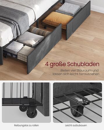 Каркас двоспального ліжка VASAGLE, Каркас ліжка, 180 x 200 см, LED, Металеве ліжко, 4 шухляди, Зарядна станція, Регульоване м&39яке узголів&39я, Темно-сірий RMB825GN02 Темно-сірий 180 x 200 см