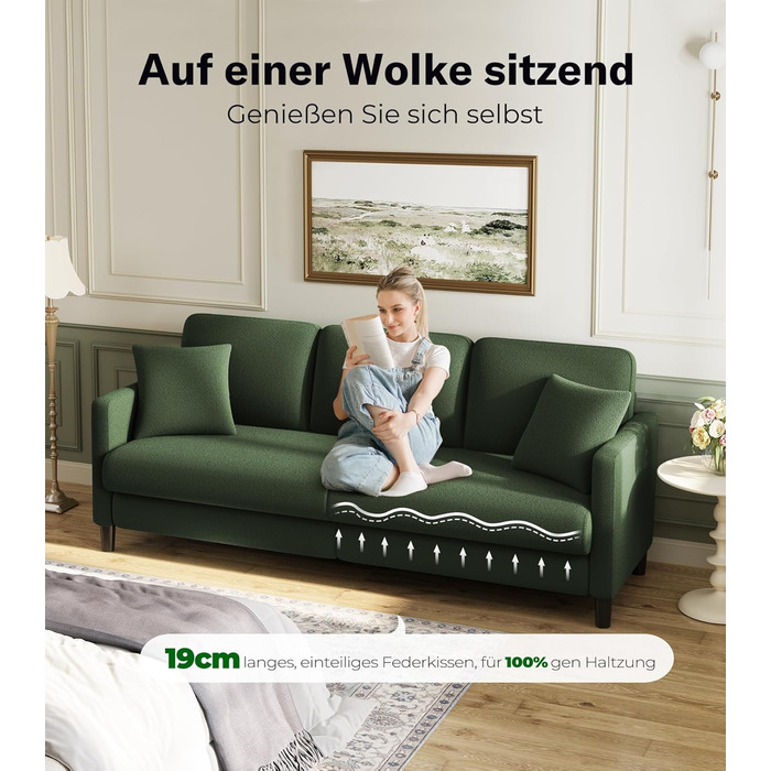 Місний диван 211 см, Зручні 3-місні дивани, Диван-канапа з флісу Тедді, Дивани для вітальні, що збираються без інструментів, 3-місний диван з масиву дерева, Невеликий диван з 2 подушками в комплекті, Зелений 211 см, 3-