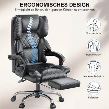 Офісне крісло naspaluro з підставкою для ніг, ергономічне робоче крісло, комп&39ютерне крісло зі штучної шкіри з м&39якими підлокітниками та м&39яким підголівником, функція нахилу, поворотне крісло з регулюванням висоти, чорне, без підігріву