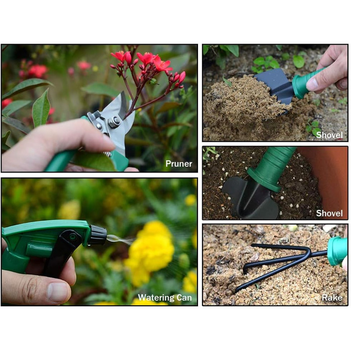 Набір садового інструменту 5 в 1 лопатка, секатор, граблі, розпилювач води та сумка для зберігання