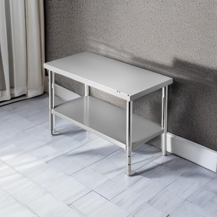 Комерційний стіл з нержавіючої сталі 122 x 61 x 86 см, дворівневий робочий стіл з нержавіючої сталі, розбірний стіл для кейтерингу, вантажопідйомність 150 кг 100 кг, комерційний кухонний стіл, стіл для підготовки з регульованою висотою