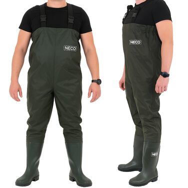 Водонепроникні вейдерси NECO з чобітьми, унісекс рибальські штани з ПВХ з регульованими ремінцями, штани для ставка, штани для захисту від повені для рибалок, сільського господарства, садівництва та обслуговування водотоків, розмір 46