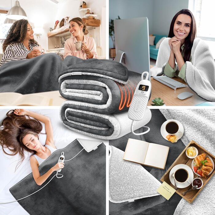 Електрична ковдра з підігрівом KESSER з автоматичним вимкненням 200x180 см, двостороння Затишна ковдра для ліжка, дивана 9 температурних режимів Можна прати до 40C з таймером та цифровим дисплеєм Антрацит
