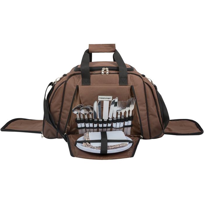 Сумка для пікніка anndora з відділенням-холодильником, коричнева з синіми колами, 29 предметів, 4 особи, 3655 Коричнева з різнокольоровими колами