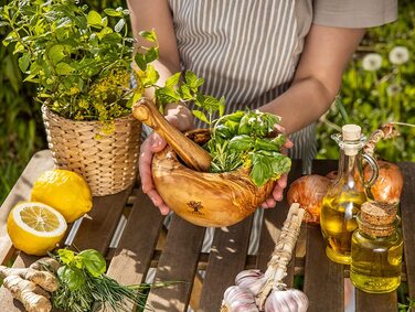 Набір розчинів і пестликів SOLTAKO з оливкового дерева - Ступка - Дерев'яна ступка - Екологічна трава, Розчин для спецій Ø Діаметр