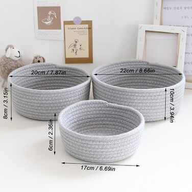 Набір із 3 плетених кошиків для зберігання, кошики для зберігання, що штабелюються, кошики з бавовняної мотузки, для організації одягу, для ванної кімнати, кошики для зберігання іграшок (сірі)