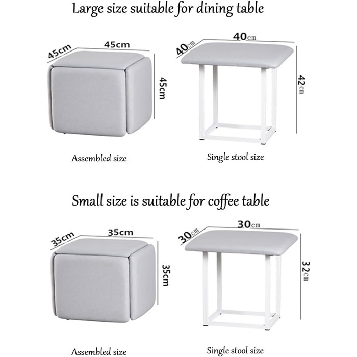Табурет 5-в-1 з колесами, квадратна шкіряна лава, штабельований табурет для ніг для вітальні, їдальні, зберігання, органайзер, піднос, набір пуфів 35x35x35 см (14x14x14 дюймів) сірий