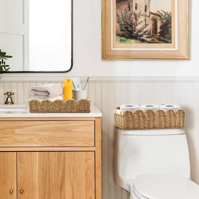 Плетений кошик для зберігання, набір з 2 шт. , кошики для зберігання у ванній кімнаті, декоративні кошики, кошик-органайзер для пеленального столика на кухню, дитячу кімнату, вітальню, кошик для рушників та туалетного паперу (натуральний)