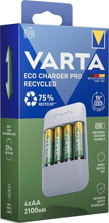 Зарядний пристрій VARTA, вкл. 4 батарейки AA 2100 мАг, зарядний пристрій для акумуляторних батарейок AA/AAA, Eco Charger Pro, зарядка в окремі слоти, корпус виготовлений з 75 переробленого матеріалу Eco Charger Pro 4 батарейки AA