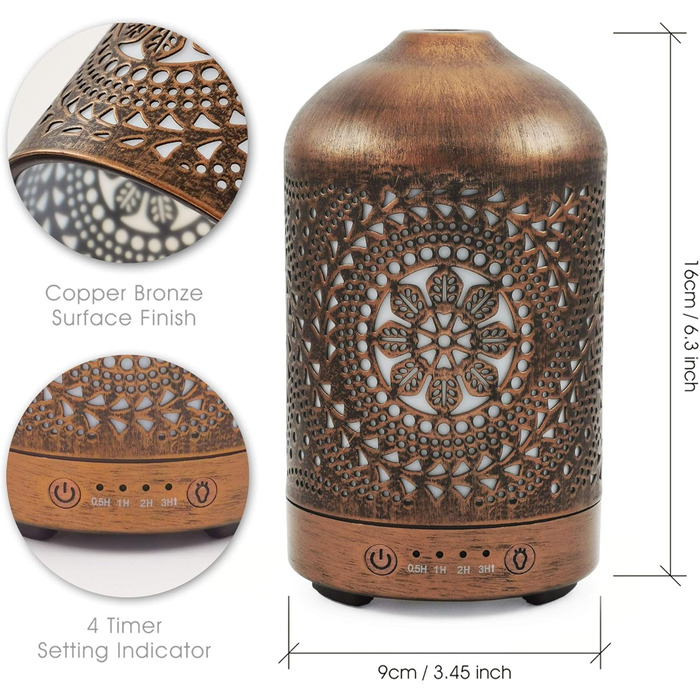 Кімнатний зволожувач повітря для спальні з функцією таймера, освіжувач повітря для квартири з 7 режимами освітлення, електричний металевий дифузор для ароматичних олій, 100 мл