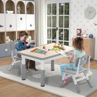 Дитячий стіл з 2 стільцями, регульована по висоті 3-секційна дитяча комплектація сидінь, пластикові меблі для дитячої кімнати, ігровий стіл/парта для дітей віком від 2 років, 80x60 см