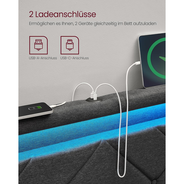 Каркас двоспального ліжка VASAGLE, Каркас ліжка, 180 x 200 см, LED, Металеве ліжко, 4 шухляди, Зарядна станція, Регульоване м&39яке узголів&39я, Темно-сірий RMB825GN02 Темно-сірий 180 x 200 см