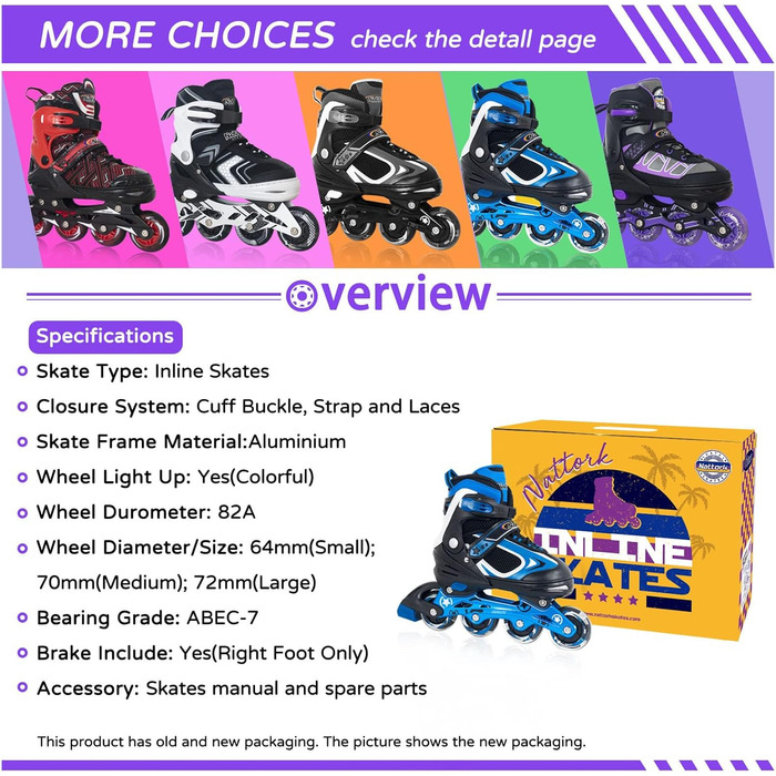 Роликові ковзани Nattork для дітей з підсвічуванням колеса, підсвічування роликових ковзанів для вулиці та приміщень для дітей середнього та великого віку (32-36 років), синього кольору
