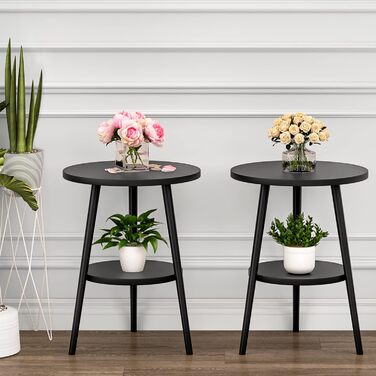 Журнальний столик KZOBYD з 2 полицями, круглий журнальний столик з місцем для зберігання, 2-ярусний диванний столик з круглими полицями, дерев&39яна тумбочка зі сталевим каркасом, 38 x 55 см (без зарядної станції, чорний) Чорний без зарядної станції