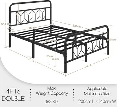 Металеве ліжко Yaheetech 140 x 200 см Вінтажний каркас ліжка з високим узголів&39ям, сучасне мінімалістичне двоспальне ліжко з рейковою основою та місцем для зберігання під ліжком для спальні, чорне 140 x 200 см