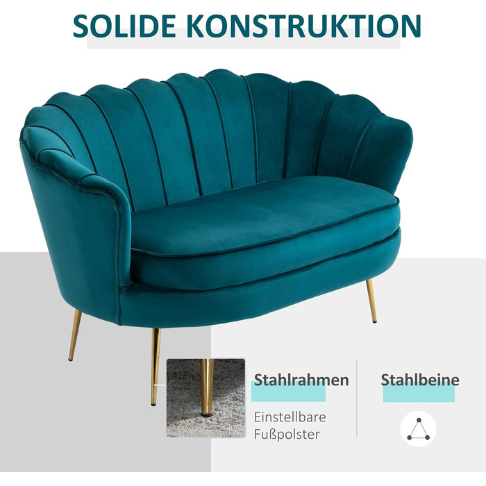 Місний диван HOMCOM з підлокітниками, спинка у формі пелюстки, товста оббивка, сучасний м&39який диван з оксамитовим виглядом, металеві ніжки для вітальні, 130 x 77 x 77 см, темно-зелений, 2-